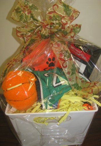 Holiday Basketball Themed Canine Gift Basket Includes a Green or Purple Pro-style Basketball Dog Jersey