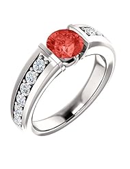 Platinum 6.00mm Round Cut Chatham Created Padparadscha Sapphire and Diamond Ring -- LIFETIME WARRANTY