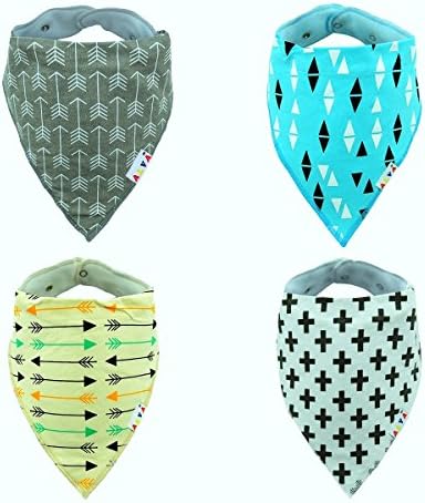 Baby Bandana Drool Bibs By BenishNewBrand, Unisex 4 Pack Set 100% Absorbent Cotton Cute Baby Bandana with Snaps (Light Blue & Grey) Free Bonus, Money Back Guarantee
