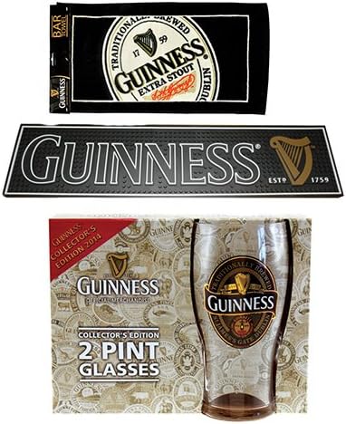 Guinness Barware Pack - PVC Bar Mat, English Label Bar Towel &amp; Guinness 2014 Pint Collector's Edition 2 Pack