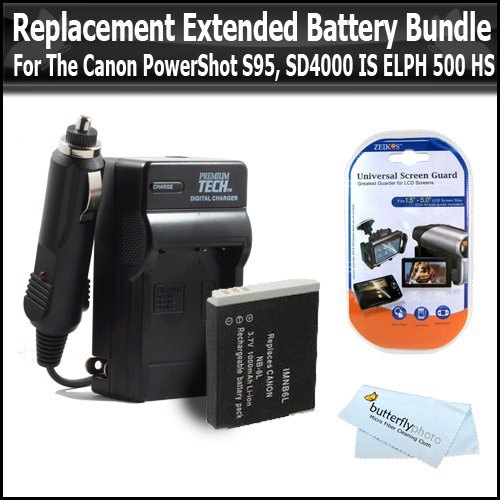 Battery And Charger Kit For Canon PowerShot S95, SD4000 IS, ELPH 500 HS Digital Camera Includes Replacement NB-6L (1200 mAH) Extended Life Battery + Ac/Dc Rapid Travel Charger + LCD Screen Protectors + MicroFiber Cleaning Cloth