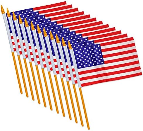 12x Mini American U.S. US Flag on Plastic Sticks, 5 X 7 Inch Miniature Small United States of America Flags - Pack of 12