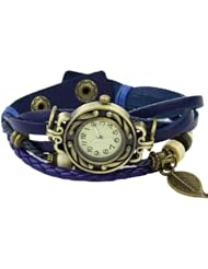 FuzzyGreen® Classic Quartz Fashion Leaves Weave Wrap Around Leather Bracelet Classic Elegant Leather Strap Roma Number Lady Woman Wrist Watch (blue)