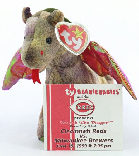 Sports Commemorative Card, Beanie Baby, Ticket Stub - Scorch the Dragon - Game Day 06/19/1999, Cincinnati Reds vs Milwaukee Brewers - Baseball