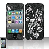 Sparkling Silver Flower on Black Full Diamond Bling Snap onCover Case for Apple Iphone 4 4g