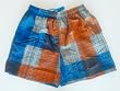 Mens Volley Swim Trunks with Elastic Waist, 2 Side Inseam Pockets. Faux Fly Front, Mesh lined. Navy/Rust Madras Plaid Sizes S-XL