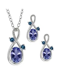 1.73 Ct Oval Blue Tanzanite Gemstone 18k White Gold Pendant Earrings Set
