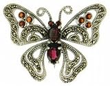 Image of Silver Ladies Marcasite and Garnet Crystal Butterfly Brooch with Moving Wings