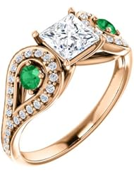 14K Rose Gold Princess Cut Diamond and Emerald Ring -- LIFETIME WARRANTY