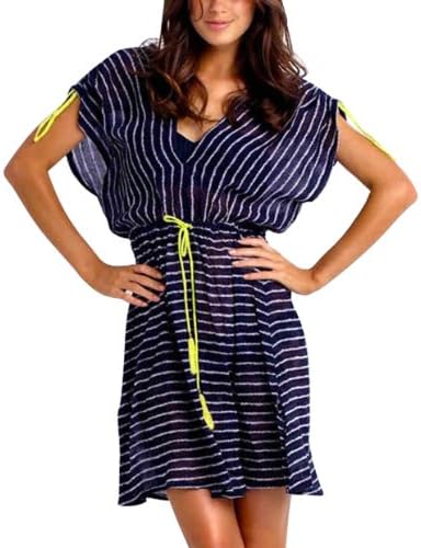Isdhaze Women's Vintage Striped Summer Beach Cotton Dress L/XL Navy Blue