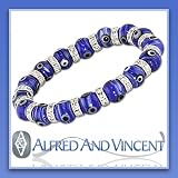Evil Eye Murano Glass Judaica Hamsa Charm Stretch Bracelet - Streaked Blue