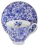 English Bone China Teacup & Saucer Blue Rose Chintz Decor