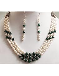 Exclusive 3 Strands Natural Graceful Pearl & Emerald Beaded Necklace + Free Earrings
