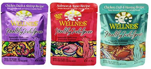 Wellness Healthy Indulgence Grain Free Naturally Delicious Everyday Entrees For Cats 3 Flavor Variety 6 Pouch Bundle: (2) Chicken, Duck & Shrimp Recipe In a Creamy Sauce, (2) Chicken, Crab & Herring Recipe In A Savory Sauce, and (2) Salmon & Tuna Recipe In A Savory Broth, 3 Oz. Ea. (6 Pouches Total)