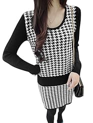 Round Neck Long Sleeves Acrylic/Cotton/Polyester/Knit Houndstooth Print  Dress
