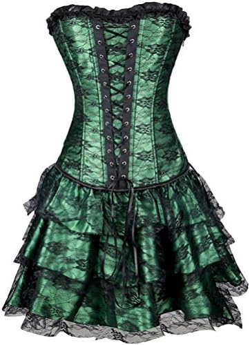 Geminigirl Women's Lace Overbust Steel Boned Bustier Corset Dress 2XL Green