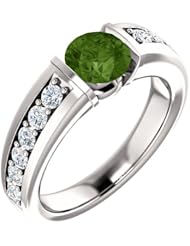 14K White Gold 6.00mm Round Cut Green Tourmaline and Diamond Ring -- LIFETIME WARRANTY