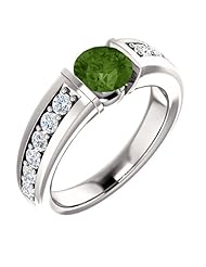 10K White Gold 6.00mm Round Cut Green Tourmaline and Diamond Ring -- LIFETIME WARRANTY