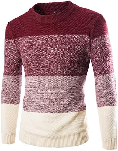 Dyslt Men's Slim Fit Contrast Color Block Striped Crew Neck Sweater