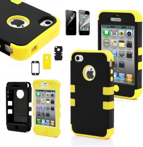 CWAccessories (TM) Black High Impact Hybrid Matte Hard Case Silicone Rubber Cover for Apple iPhone 4 4G 4S w/ Screen Protector (Yellow)
