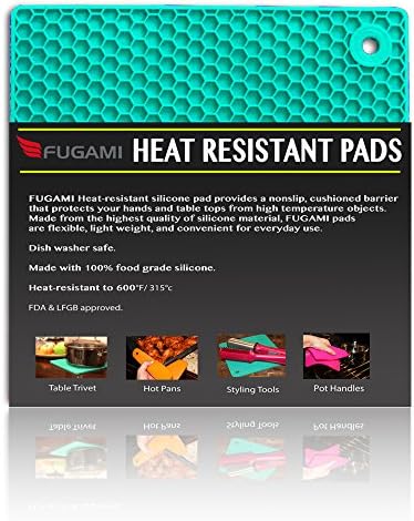 FDA Approved Professional Grade - FUGAMI Non Stick Silicone Trivet Mat / Pot Holder / Heat Resistant Table Pad - Size: 7 1/4" x 7 1/4" (Turquoise)