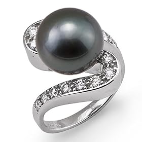 Tahitian Black Pearl Ring with Diamonds in 14K White Gold by