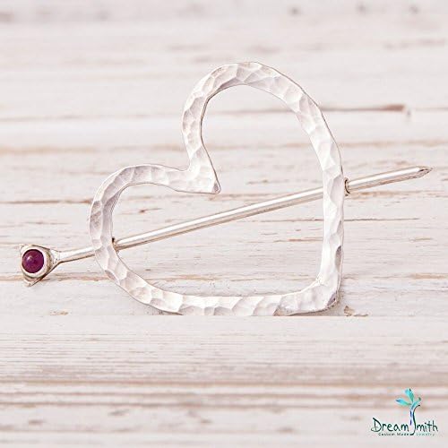 Hammered Sterling Silver Heart-shaped Brooch with Ruby