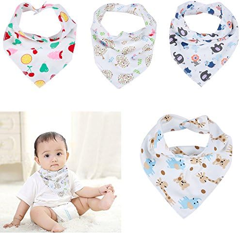 Eunice Cotton Baby Bandana Drool Bibs with Snaps for Boys &amp; Girls, Pack of 4 Cute Unisex Baby Gift Set ( Fruits,Bears, Elephants &amp; Trees )