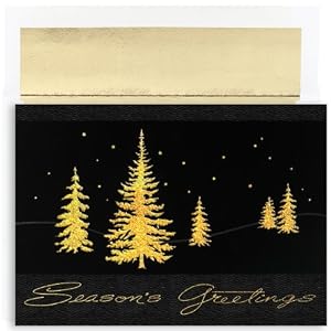 Gold Treeline On Black Holiday Cards -