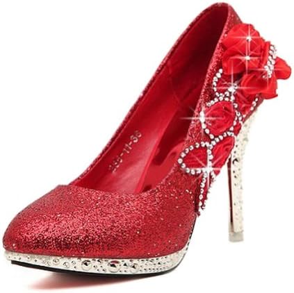 VELCANS Crystal and Rhinestone High Heel Pumps for Wedding,Bridal,Evening and Party Women Shoes (5.5 B(M) US, Red)
