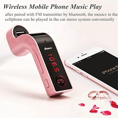 Bluetooth In-Car FM Transmitter, FLYMAY Wireless Car MP3 Player with Hands-free Calling, USB Charging, Phone/USB/TF Card &amp; 3.5mm Aux-in Cable Music for Smartphone/MP3 Player(Red Light-Rose Gold)
