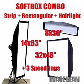 Imagebeam Three - Softbox Combo: 32X48 Rectangular + 14x63 Strip Rim + 9x36 Hairlight Softbox + 3 Speedring For Alienbees White Lightning Einstein -- 3 Soft boxes Fit Alien bees B400 B800 B1600 X800 X1600 E640