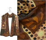 ULRIKE Oblong Flat Crepe Silk Scarf - A web of all the middle browns from copper to umber surround a field of terracotta dotted with black and bursts of lemon yellow.