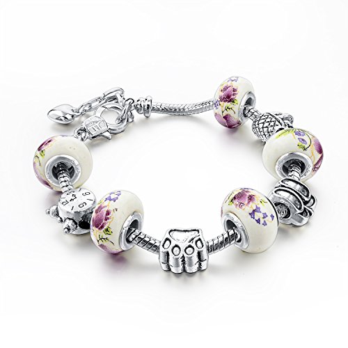 Long Way Women Silver Plated Snake Chain Pink Flower Maruno Glass Bead Heart Clasp Charm Bracelet