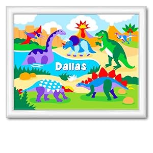 Olive Kids Dinosaurland Large Framed Art- Gloss White Frame by
