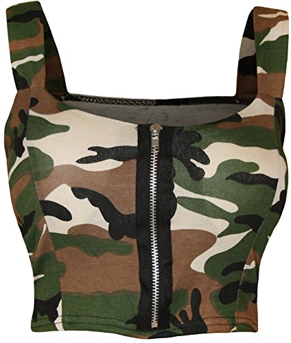Womens Army Camouflage Print Zip Front Padded Crop Bralet Bra Top