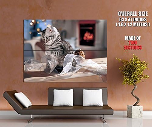 Cute Kitty Playing Ribbon Cat Animal Print POSTER GIGANTIC SIZE 63x47 inches (160x120 cm) - made of 2 sections