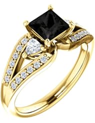 14K Yellow Gold Princess Cut Black and White Diamond Ring -- LIFETIME WARRANTY