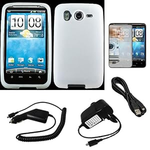 Clear Rubberized Soft Silicone Skin Cover Case for AT&T Wireless HTC Inspire 4G Android Smartphone + Mirror Screen Protector + Black Rapid Travel Wall Charger with IC Chip + Black Rapid Car Charger with IC Chip + Micro USB Data Cable Cord
