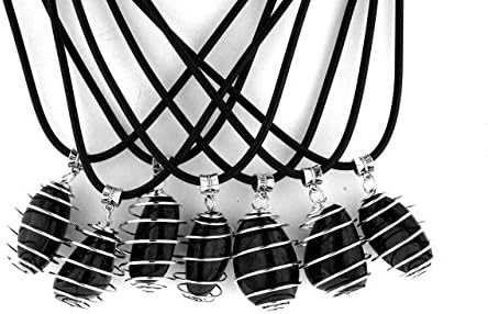 Tourmaline Healing Crystal Spiral Cage Pendant Necklace with Rubber Cord for Shaman Protection Safety A65-1