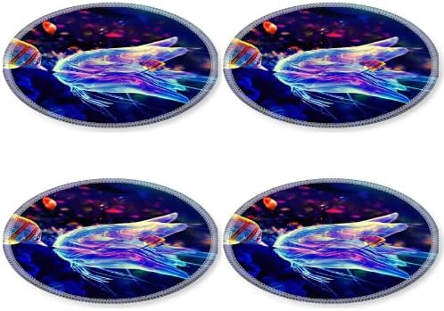 Jellyfish Medusa Fish Marine Underwater Round Coaster (4 Piece) Set Fabric Rubber 5 Inch Size Luxlady Coaster Cup Mug Can Water Bottle Drink Coasters Stain Resistance Collector Kit Kitchen Table Top Desk