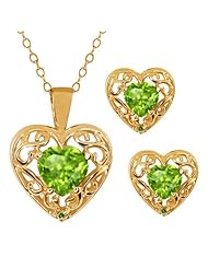 1.88 Ct Heart Shape Green Peridot 18k Yellow Gold Pendant Earrings Set