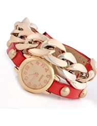 HACBIWA New Hot Womens Ladies Girls Punk Plating Leatheroid Acrylic Chain Watch Red