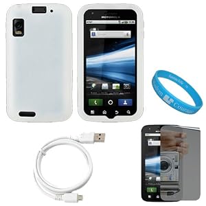 Clear Rubberized Protective Gel Silicone Skin Cover Case for AT&T New Motorola Atrix 4G Dual Core Android Smart Phone MB860 (Olympus/Atrix 4G) + Mirror Screen Protector + White Micro USB Data Cable Cord + SumacLife TM Wisdom Courage Wristband