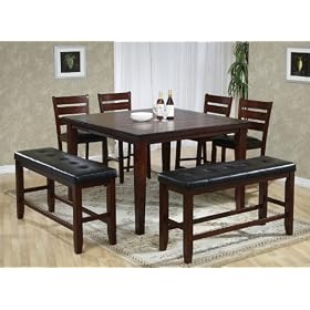 7pc Counter Height Dining Table, Stools and Benches Set Rustic Oak Finish by visiondecor Furniture