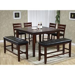 7pc Counter Height Dining Table, Stools and Benches Set Rustic Oak Finish by