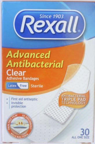 ANTIBACTERIAL CLEAR ADHESIVE BANDAGES Latex Free Rexall 3/4 x 3 Inch 30/Box