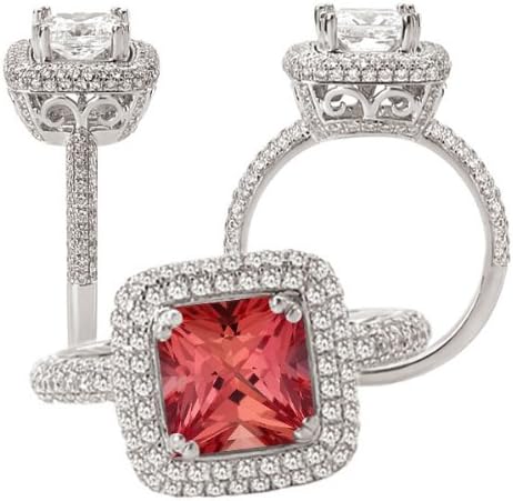 18k Elite Collection Chatham 6x6mm princess cut padparadscha orange sapphire engagement ring with natural diamond halo