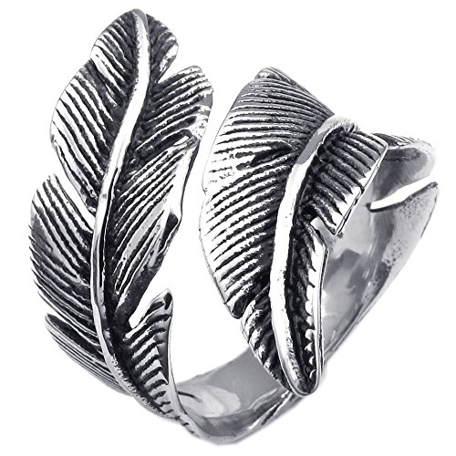 KONOV Mens Womens Stainless Steel Ring, Vintage Feather, Black Silver