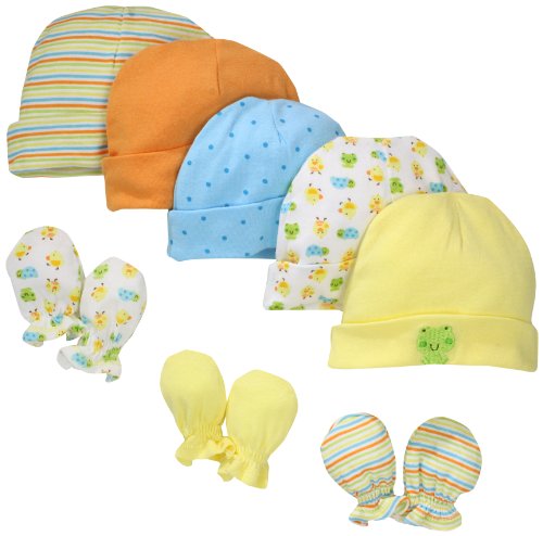 Gerber Unisex-Baby Newborn Frogs And Ducks Cap And Mitten Bundle, Yellow, 0-6 Months